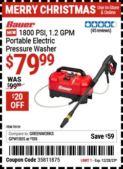 Harbor Freight Coupon BAUER 1800 PSI, 1.2 GPM PORTABLE ELECTRIC PRESSURE WASHER Lot No. 70139 Expired: 12/28/25 - $79.99