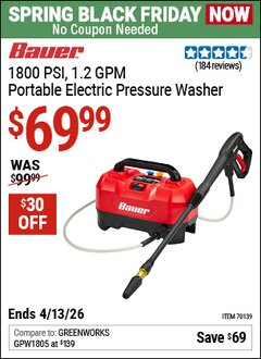 Harbor Freight Coupon BAUER 1800 PSI, 1.2 GPM PORTABLE ELECTRIC PRESSURE WASHER Lot No. 70139 Expired: 4/12/26 - $69.99