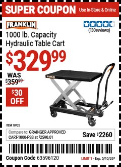 Harbor Freight Coupon FRANKLIN 1000 LB. CAPACITY HYDRAULIC TABLE CART Lot No. 70725 Expired: 5/10/26 - $329.99