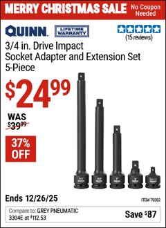 Harbor Freight Coupon QUINN 3/4 IN. DRIVE IMPACT SOCKET ADAPTER AND EXTENSION SET, 5-PIECE Lot No. 70302 Expired: 12/26/25 - $24.99
