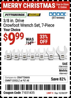 Harbor Freight Coupon PITTSBURGH 3/8 IN. DRIVE CROWFOOT WRENCH SET, 7-PIECE Lot No. 94426/94427 Expired: 12/28/25 - $9.99