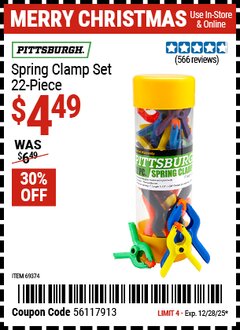 Harbor Freight Coupon PITTSBURGH SPRING CLAMP SET, 22-PIECE Lot No. 69374 Expired: 12/28/25 - $4.49