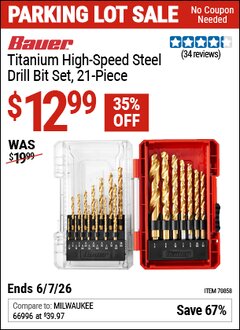 Harbor Freight Coupon BAUER TITANIUM HIGH-SPEED STEEL DRILL BIT SET, 21-PIECE Lot No. 70858 Valid Thru: 6/7/26 - $12.99