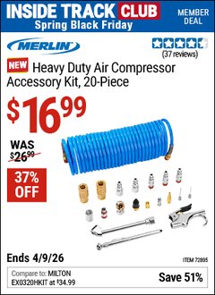 Harbor Freight ITC Coupon MERLIN HEAVY DUTY AIR COMPRESSOR ACCESSORY KIT, 20-PIECE Lot No. 72805 Expired: 4/9/26 - $16.99
