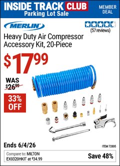 Harbor Freight ITC Coupon MERLIN HEAVY DUTY AIR COMPRESSOR ACCESSORY KIT, 20-PIECE Lot No. 72805 Expired: 6/4/26 - $17.99