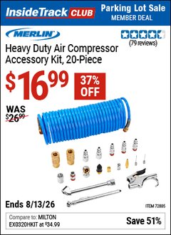 Harbor Freight ITC Coupon MERLIN HEAVY DUTY AIR COMPRESSOR ACCESSORY KIT, 20-PIECE Lot No. 72805 Expired: 8/13/26 - $16.99