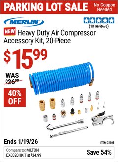 Harbor Freight Coupon MERLIN HEAVY DUTY AIR COMPRESSOR ACCESSORY KIT, 20-PIECE Lot No. 72805 Expired: 12/31/69 - $15.99