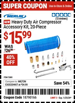Harbor Freight Coupon MERLIN HEAVY DUTY AIR COMPRESSOR ACCESSORY KIT, 20-PIECE Lot No. 72805 Expired: 1/25/26 - $15.99