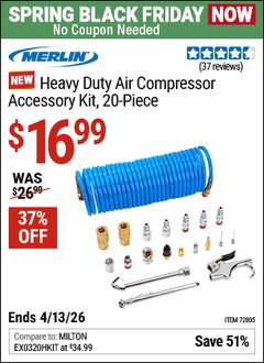 Harbor Freight Coupon MERLIN HEAVY DUTY AIR COMPRESSOR ACCESSORY KIT, 20-PIECE Lot No. 72805 Expired: 4/12/26 - $16.99
