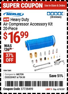 Harbor Freight Coupon MERLIN HEAVY DUTY AIR COMPRESSOR ACCESSORY KIT, 20-PIECE Lot No. 72805 Valid Thru: 4/19/26 - $16.99