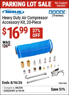 Harbor Freight Coupon MERLIN HEAVY DUTY AIR COMPRESSOR ACCESSORY KIT, 20-PIECE Lot No. 72805 Expired: 8/16/26 - $16.99