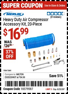 Harbor Freight Coupon MERLIN HEAVY DUTY AIR COMPRESSOR ACCESSORY KIT, 20-PIECE Lot No. 72805 Expired: 8/23/26 - $16.99