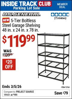 Harbor Freight Coupon U.S. GENERAL 5-TIER BOLTLESS STEEL GARAGE SHELVING, 48 IN. X 24 IN. X 78 IN. Lot No. 72763 Valid: 12/31/69 - 3/5/26 - $119.99