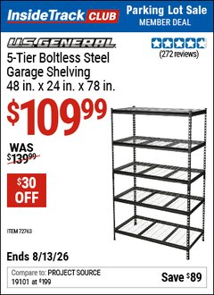 Harbor Freight ITC Coupon U.S. GENERAL 5-TIER BOLTLESS STEEL GARAGE SHELVING, 48 IN. X 24 IN. X 78 IN. Lot No. 72763 Expired: 8/13/26 - $109.99
