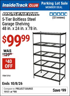 Harbor Freight ITC Coupon U.S. GENERAL 5-TIER BOLTLESS STEEL GARAGE SHELVING, 48 IN. X 24 IN. X 78 IN. Lot No. 72763 Expired: 10/8/26 - $99.99