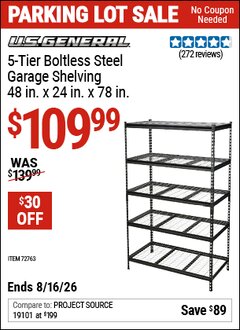 Harbor Freight Coupon U.S. GENERAL 5-TIER BOLTLESS STEEL GARAGE SHELVING, 48 IN. X 24 IN. X 78 IN. Lot No. 72763 Expired: 8/16/26 - $109.99