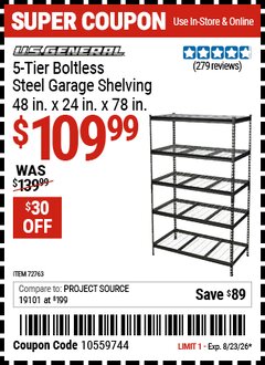 Harbor Freight Coupon U.S. GENERAL 5-TIER BOLTLESS STEEL GARAGE SHELVING, 48 IN. X 24 IN. X 78 IN. Lot No. 72763 Expired: 8/23/26 - $109.99