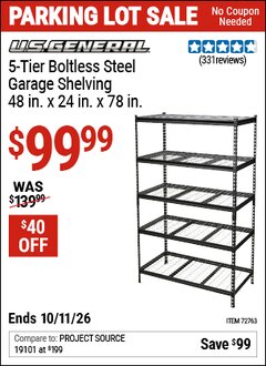 Harbor Freight Coupon U.S. GENERAL 5-TIER BOLTLESS STEEL GARAGE SHELVING, 48 IN. X 24 IN. X 78 IN. Lot No. 72763 Expired: 10/11/26 - $99.99