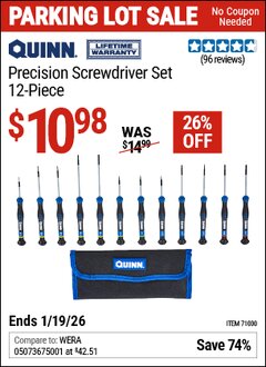 Harbor Freight Coupon QUINN PRECISION SCREWDRIVER SET, 12-PIECE Lot No. 71000 Expired: 12/31/69 - $10.98