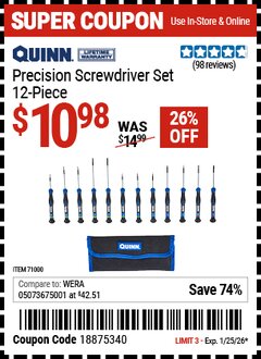 Harbor Freight Coupon QUINN PRECISION SCREWDRIVER SET, 12-PIECE Lot No. 71000 Expired: 1/25/26 - $10.98