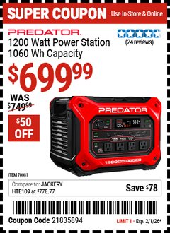 Harbor Freight Coupon PREDATOR 1200 WATT POWER STATION, 1060 WH CAPACITY Lot No. 70081 Expired: 2/1/26 - $699.99