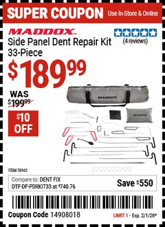Harbor Freight Coupon MADDOX SIDE PANEL DENT REPAIR KIT, 33-PIECE Lot No. 70942 Valid Thru: 2/1/26 - $189.99