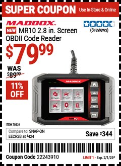 Harbor Freight Coupon MADDOX MR10 2.8 IN. SCREEN OBDII CODE READER Lot No. 70834 Valid Thru: 2/1/26 - $79.99