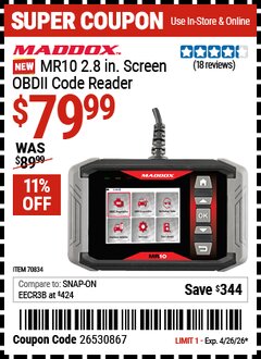 Harbor Freight Coupon MADDOX MR10 2.8 IN. SCREEN OBDII CODE READER Lot No. 70834 Valid Thru: 4/26/26 - $79.99