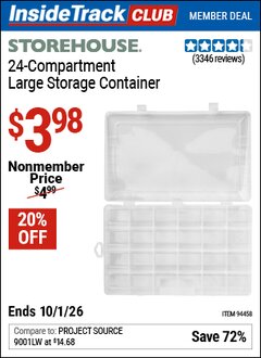 Harbor Freight Coupon STOREHOUSE 24-COMPARTMENT LARGE STORAGE CONTAINER Lot No. 94458 Valid: 12/31/69 - 10/1/26 - $3.98