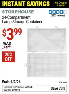 Harbor Freight Coupon STOREHOUSE 24-COMPARTMENT LARGE STORAGE CONTAINER Lot No. 94458 Valid Thru: 4/9/26 - $3.99