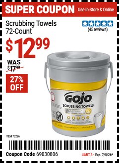 Harbor Freight Coupon GOJO SCRUBBING TOWELS, 72-COUNT Lot No. 73226 Expired: 7/5/26 - $12.99