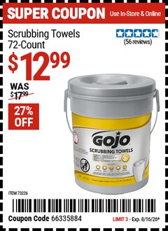 Harbor Freight Coupon GOJO SCRUBBING TOWELS, 72-COUNT Lot No. 73226 Expired: 8/16/26 - $12.99