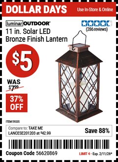 Harbor Freight Coupon LUMINAR OUTDOOR 11 IN. SOLAR LED BRONZE FINISH LANTERN Lot No. 59335 Expired: 2/11/26 - $5