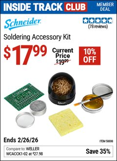 Harbor Freight ITC Coupon SCHNEIDER SOLDERING ACCESSORY KIT Lot No. 58008 Dates Valid: 12/31/69 - 2/26/26 - $17.99