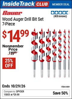 Harbor Freight ITC Coupon BAUER WOOD AUGER DRILL BIT SET, 7-PIECE Lot No. 64809 Dates Valid: 12/31/69 - 10/29/26 - $14.99