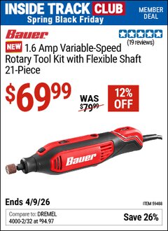 Harbor Freight ITC Coupon BAUER 1.6 AMP VARIABLE-SPEED ROTARY TOOL KIT, 21-PIECE Lot No. 59488 Expired: 4/9/26 - $69.99