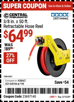 Harbor Freight Coupon CENTRAL PNEUMATIC 3/8 IN. X 50 FT. RETRACTABLE HOSE REEL Lot No. 93897/64685 Valid Thru: 3/15/26 - $64.99