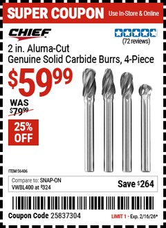 Harbor Freight Coupon CHIEF 2 IN. ALUMA-CUT GENUINE SOLID CARBIDE BURRS, 4-PIECE Lot No. 56406 Valid Thru: 2/16/26 - $59.99