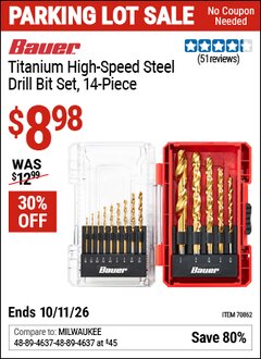 Harbor Freight Coupon BAUER TITANIUM HIGH-SPEED STEEL DRILL BIT SET, 14-PIECE Lot No. 70862 Valid Thru: 10/11/26 - $8.98