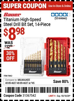 Harbor Freight Coupon BAUER TITANIUM HIGH-SPEED STEEL DRILL BIT SET, 14-PIECE Lot No. 70862 Expired: 10/18/26 - $8.98