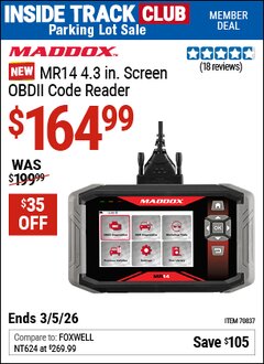 Harbor Freight ITC Coupon MADDOX MR14 4.3 IN. SCREEN OBDII CODE READER Lot No. 70837 Expired: 3/5/26 - $164.99