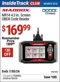 Harbor Freight ITC Coupon MADDOX MR14 4.3 IN. SCREEN OBDII CODE READER Lot No. 70837 Dates Valid: 12/31/69 - 7/30/26 - $169.99