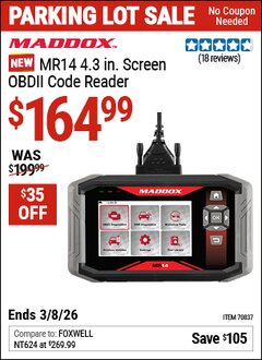 Harbor Freight Coupon MADDOX MR14 4.3 IN. SCREEN OBDII CODE READER Lot No. 70837 Expired: 3/8/26 - $164.99