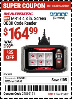 Harbor Freight Coupon MADDOX MR14 4.3 IN. SCREEN OBDII CODE READER Lot No. 70837 Expired: 3/15/26 - $164.99