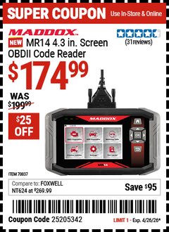 Harbor Freight Coupon MADDOX MR14 4.3 IN. SCREEN OBDII CODE READER Lot No. 70837 Valid Thru: 4/26/26 - $174.99