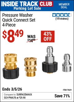 Harbor Freight ITC Coupon PRESSURE WASHER QUICK CONNECT SET, 4-PIECE Lot No. 70629 Expired: 3/5/26 - $8.49
