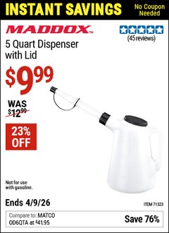 Harbor Freight Coupon MADDOX 5 QUART DISPENSER WITH LID Lot No. 71323 Expired: 4/9/26 - $9.99
