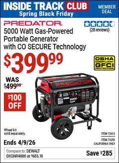 Harbor Freight ITC Coupon PREDATOR 5000 WATT GAS-POWERED PORTABLE GENERATOR WITH CO SECURE TECHNOLOGY Lot No. 72613/73255 Expired: 4/9/26 - $399.99