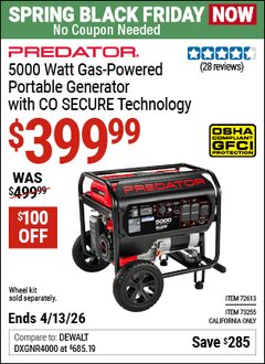 Harbor Freight Coupon PREDATOR 5000 WATT GAS-POWERED PORTABLE GENERATOR WITH CO SECURE TECHNOLOGY Lot No. 72613/73255 Expired: 4/12/26 - $399.99