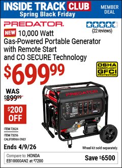 Harbor Freight ITC Coupon PREDATOR 10,000 WATT GAS-POWERED PORTABLE GENERATOR WITH REMOTE START AND CO SECURE TECHNOLOGY Lot No. 72624/73256 Expired: 4/9/26 - $699.99